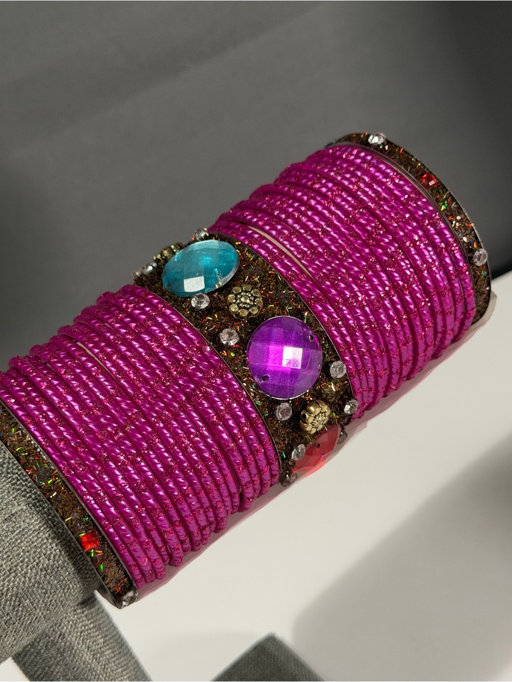 Vibrant Fuchsia Multi-Stone Bangle Set - Picture 2 of 7
